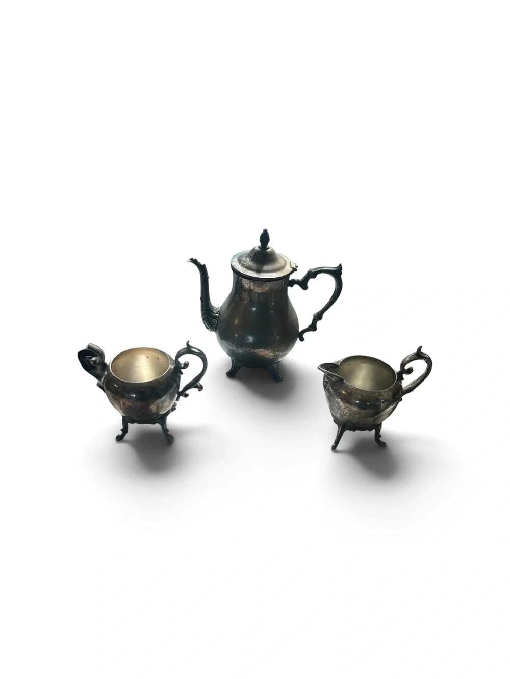 Vintage Gothic Silver Tea Set 3pc Tarnished BSC Silver on Copper Dark Academia